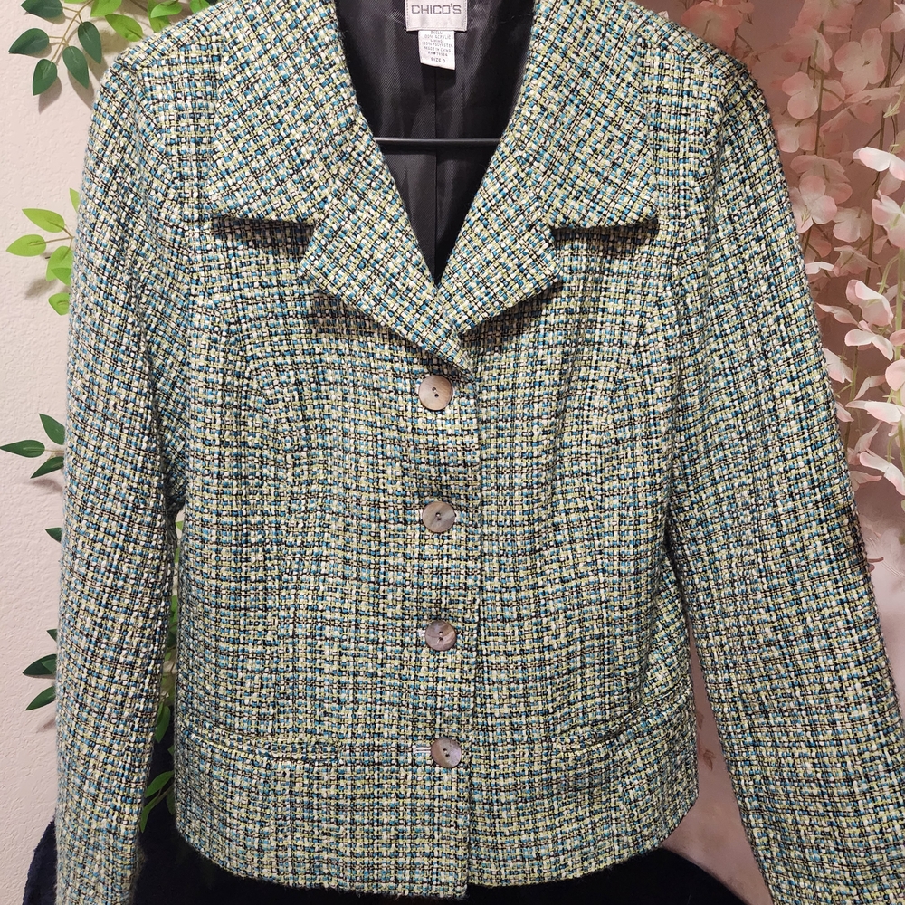 Chico's Women's Tweed Jacket - Green and Blue Sz 0